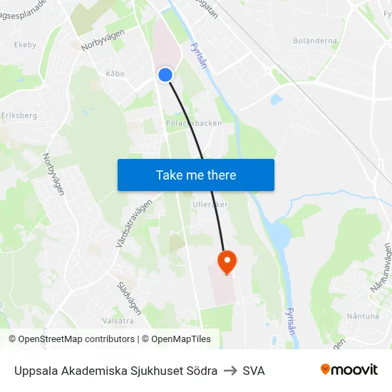Uppsala Akademiska Sjukhuset Södra to SVA map