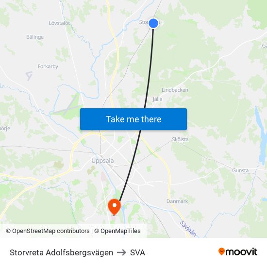 Storvreta Adolfsbergsvägen to SVA map