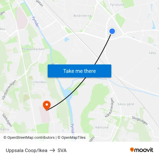 Uppsala Coop/Ikea to SVA map