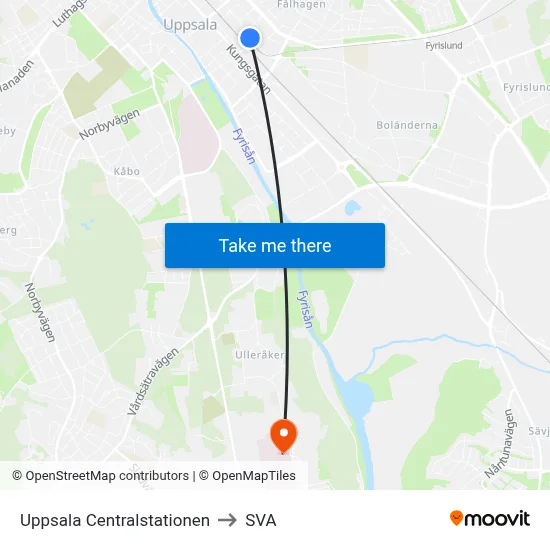 Uppsala Centralstationen to SVA map