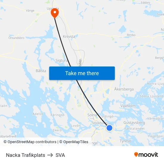 Nacka Trafikplats to SVA map