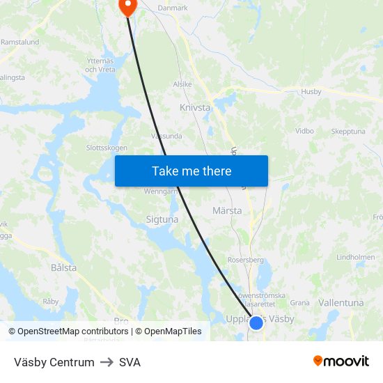 Väsby Centrum to SVA map