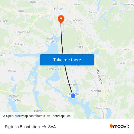 Sigtuna Busstation to SVA map