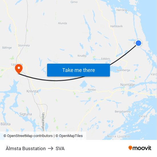 Älmsta Busstation to SVA map