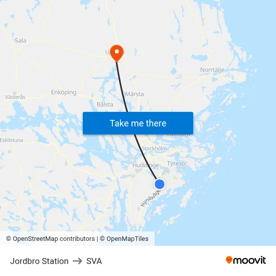 Jordbro Station to SVA map