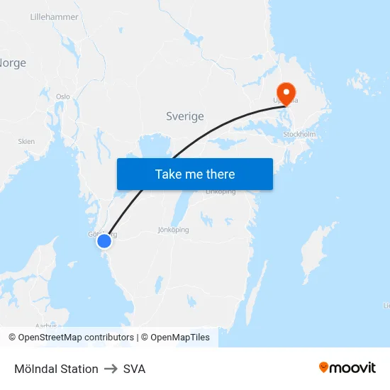 Mölndal Station to SVA map