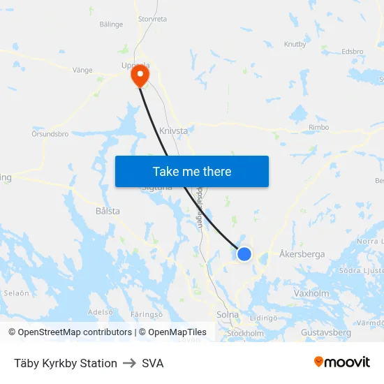 Täby Kyrkby Station to SVA map