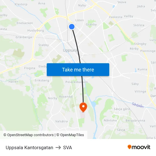 Uppsala Kantorsgatan to SVA map