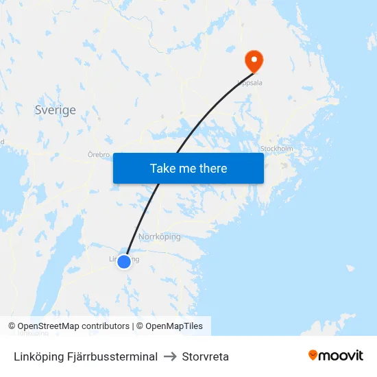 Linköping Fjärrbussterminal to Storvreta map