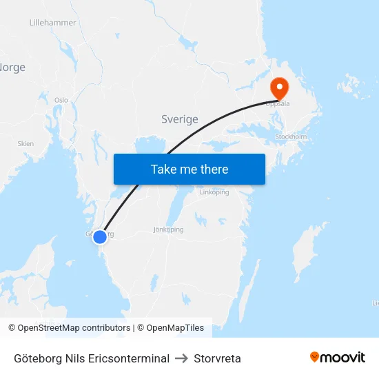 Göteborg Nils Ericsonterminal to Storvreta map