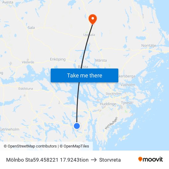 Mölnbo Sta59.458221 17.9243tion to Storvreta map