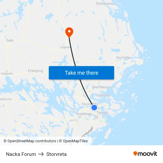 Nacka Forum to Storvreta map