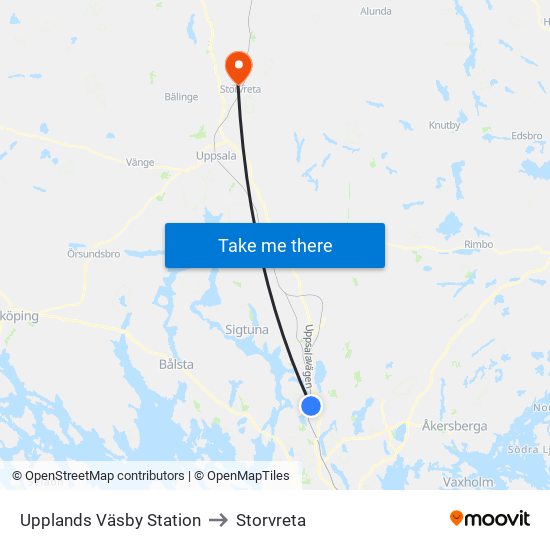 Upplands Väsby Station to Storvreta map