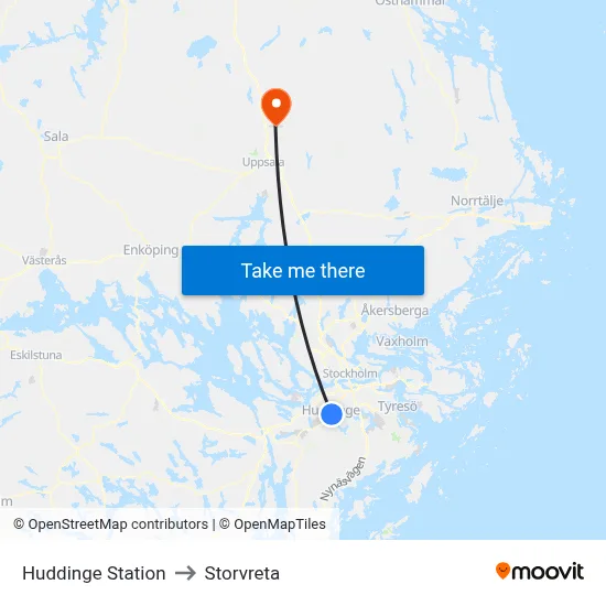Huddinge Station to Storvreta map