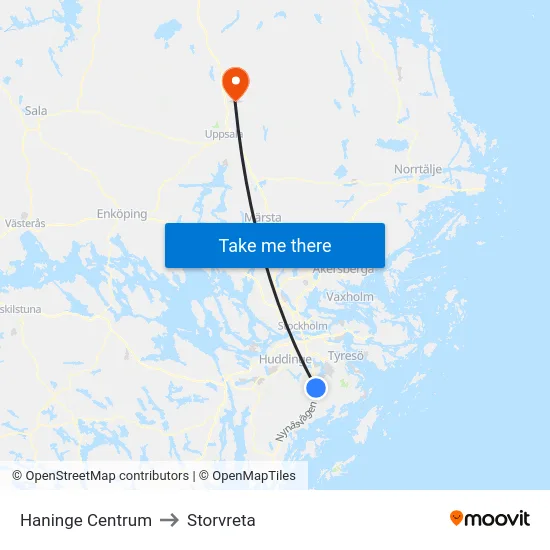 Haninge Centrum to Storvreta map