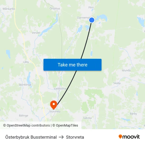 Österbybruk Bussterminal to Storvreta map