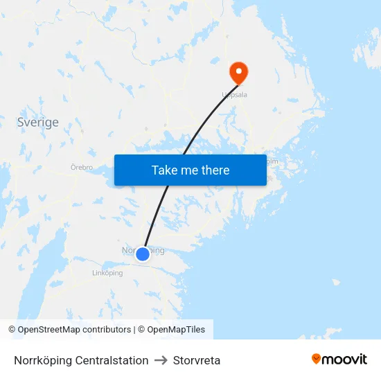 Norrköping Centralstation to Storvreta map