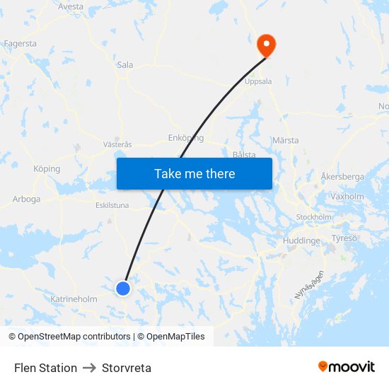 Flen Station to Storvreta map