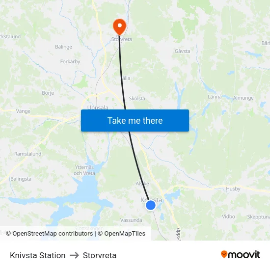 Knivsta Station to Storvreta map