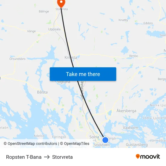 Ropsten T-Bana to Storvreta map