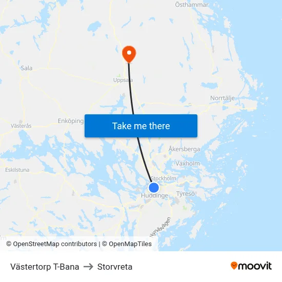 Västertorp T-Bana to Storvreta map