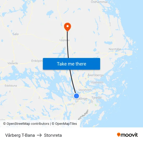 Vårberg T-Bana to Storvreta map