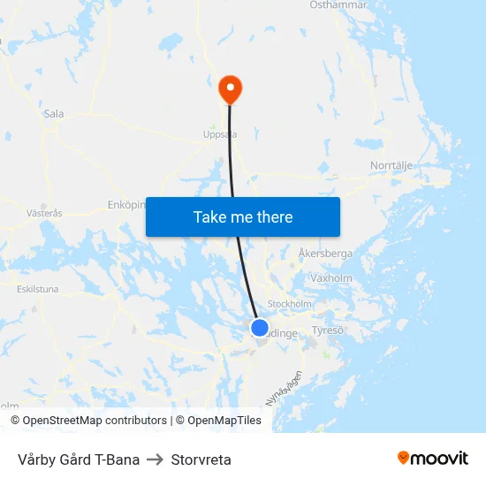 Vårby Gård T-Bana to Storvreta map