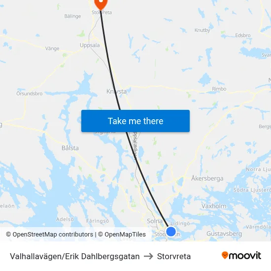 Valhallavägen/Erik Dahlbergsgatan to Storvreta map