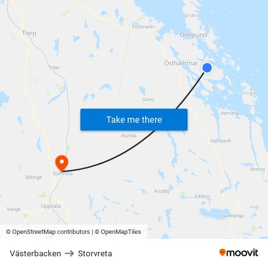 Västerbacken to Storvreta map