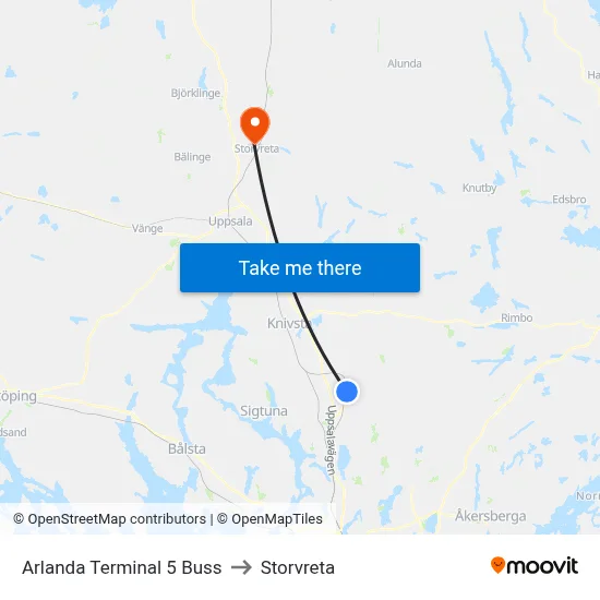 Arlanda Terminal 5 Buss to Storvreta map