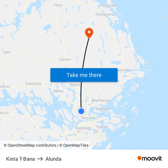 Kista T-Bana to Alunda map