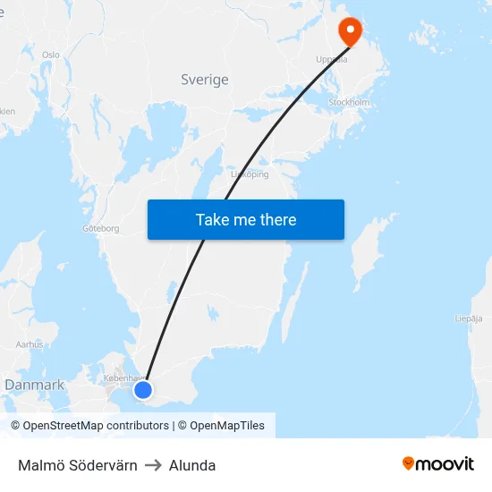 Malmö Södervärn to Alunda map