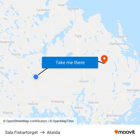 Sala Fiskartorget to Alunda map