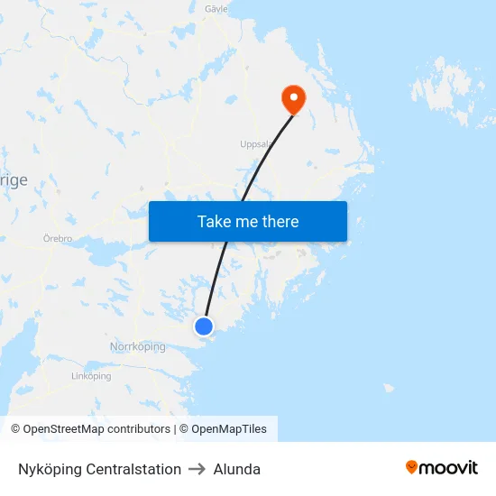 Nyköping Centralstation to Alunda map