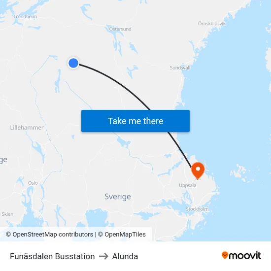 Funäsdalen Busstation to Alunda map