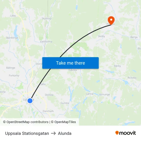 Uppsala Stationsgatan to Alunda map