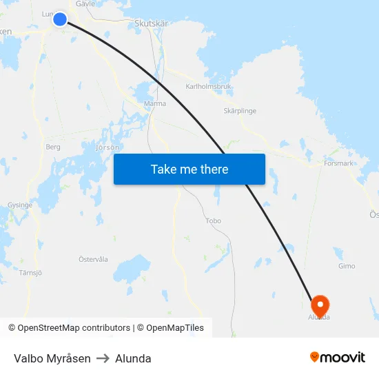 Valbo Myråsen to Alunda map