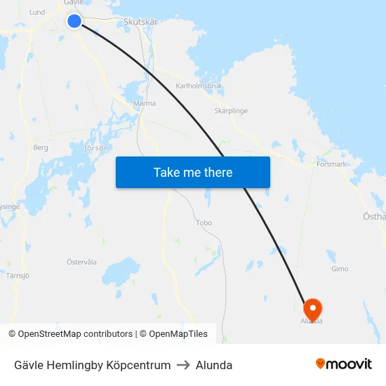 Gävle Hemlingby Köpcentrum to Alunda map