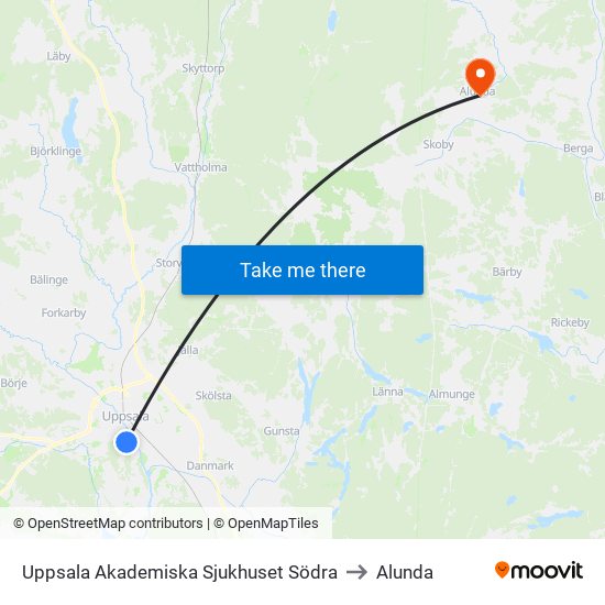 Uppsala Akademiska Sjukhuset Södra to Alunda map