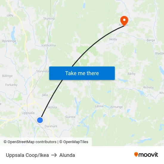 Uppsala Coop/Ikea to Alunda map