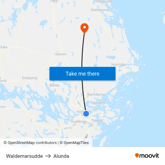 Waldemarsudde to Alunda map