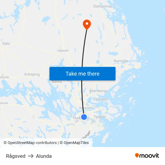Rågsved to Alunda map