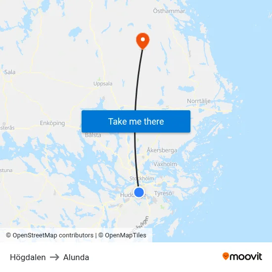 Högdalen to Alunda map