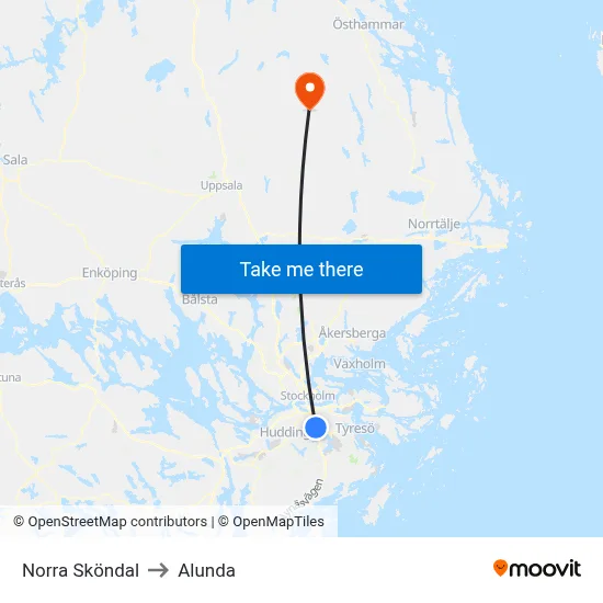 Norra Sköndal to Alunda map