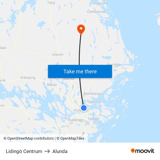 Lidingö Centrum to Alunda map