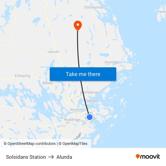 Solsidans Station to Alunda map