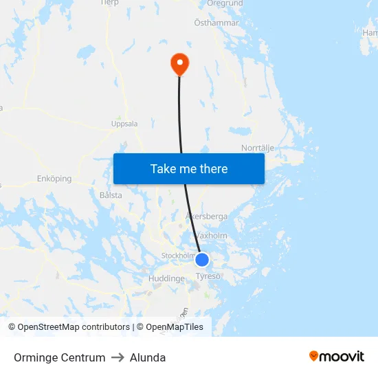 Orminge Centrum to Alunda map