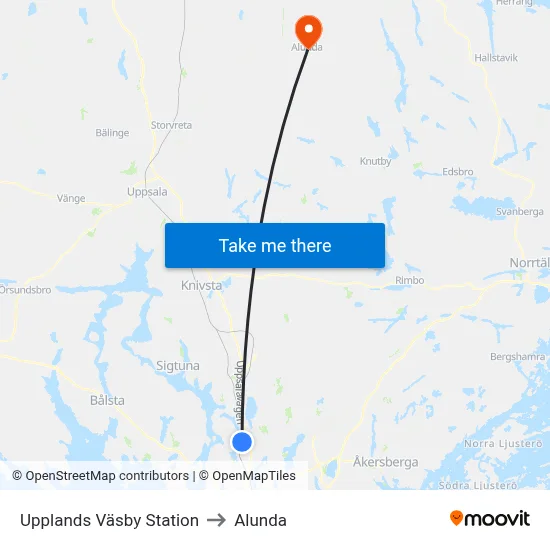 Upplands Väsby Station to Alunda map