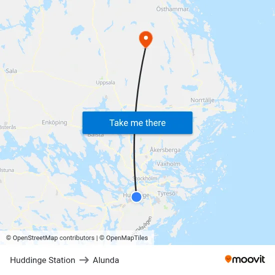 Huddinge Station to Alunda map