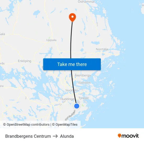 Brandbergens Centrum to Alunda map